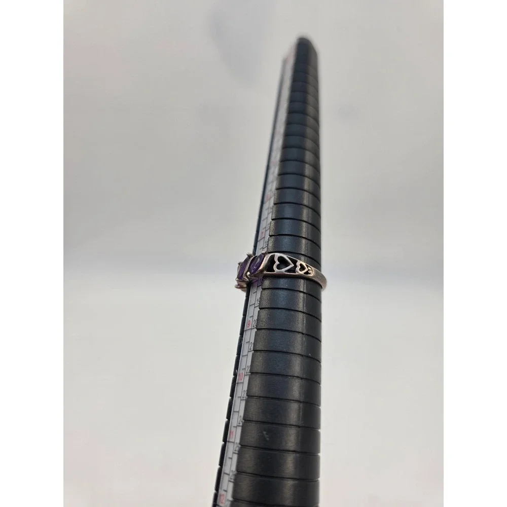 925 Sterling Silver Marquise Amethyst Heart Cutout Ring Size 8 Purple Gemstone